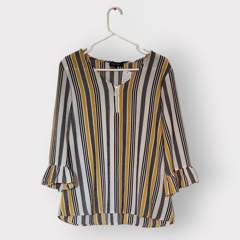 LILY MORGAN WOMENS SIZE LARGE BLACK WHITE AND YELLOW STRIPED BLOUSE - Picture 2 of 2